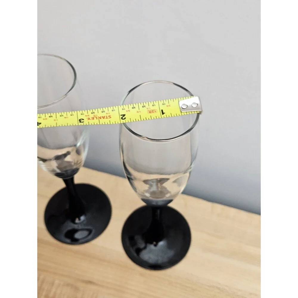 Set of 2 Clear Glass Champagne Flutes with Black Stems Tapered Glossy Finish 6oz